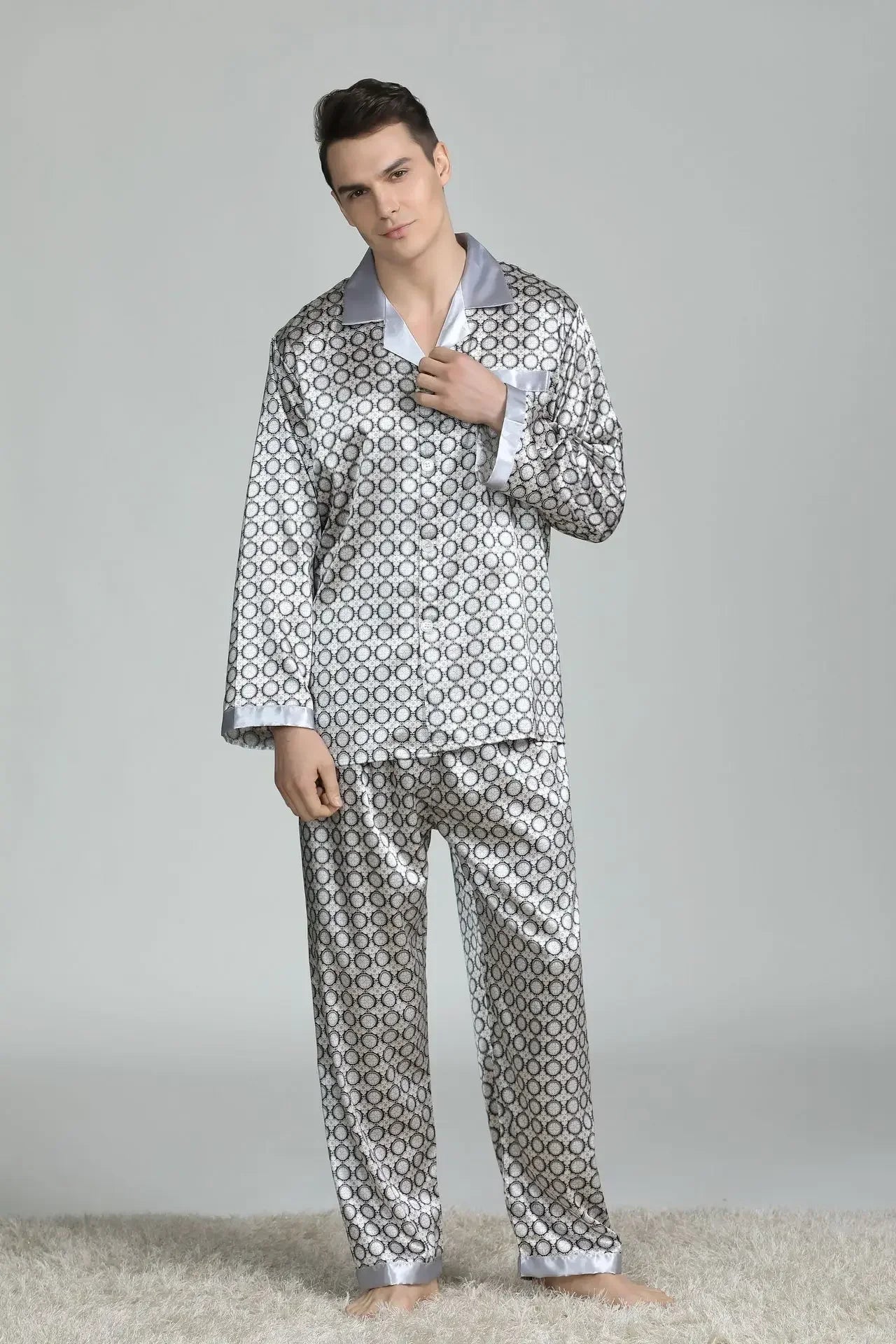 Silk Satin Pajamas for Men Sleepwear Cozy Soft Print Long Sleeve Nightgown Tops + Trousers Two Pieces Mens Pajama Set