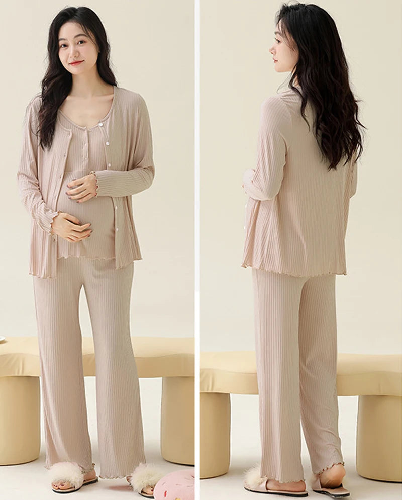Pregnancy Comfort Pajamas Set Solid Color Long-sleeved Pants and Halter Vest Three-piece Maternity Nursing Homewear Sleepwear