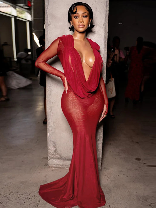 Weird Puss Sexy Thin Mesh Dress Women Deep Swing Collar Ruched Elegant Birthday Prom Party Clubwear Stretch Skinny Maxi Bodycon