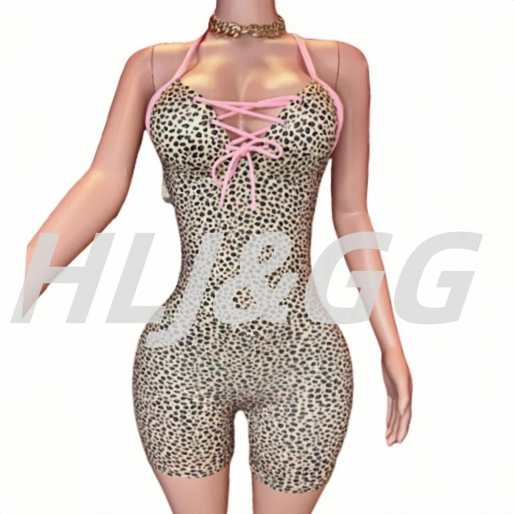 HLJ&GG Summer New Leopard Print Bow Bodycon One Piece Rompers Women Hollow Out Halter Backless Slim Jumpsuits Fashion Streetwear