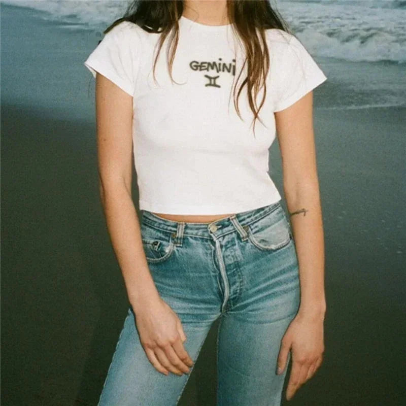 Y2K Baby T-shirt Slim Zodiac Sign Fitted Cropped Ribbed T-shirt crop top Cute Kawaii Tee Sexy Cap Sleeve Summer fairy grunge emo