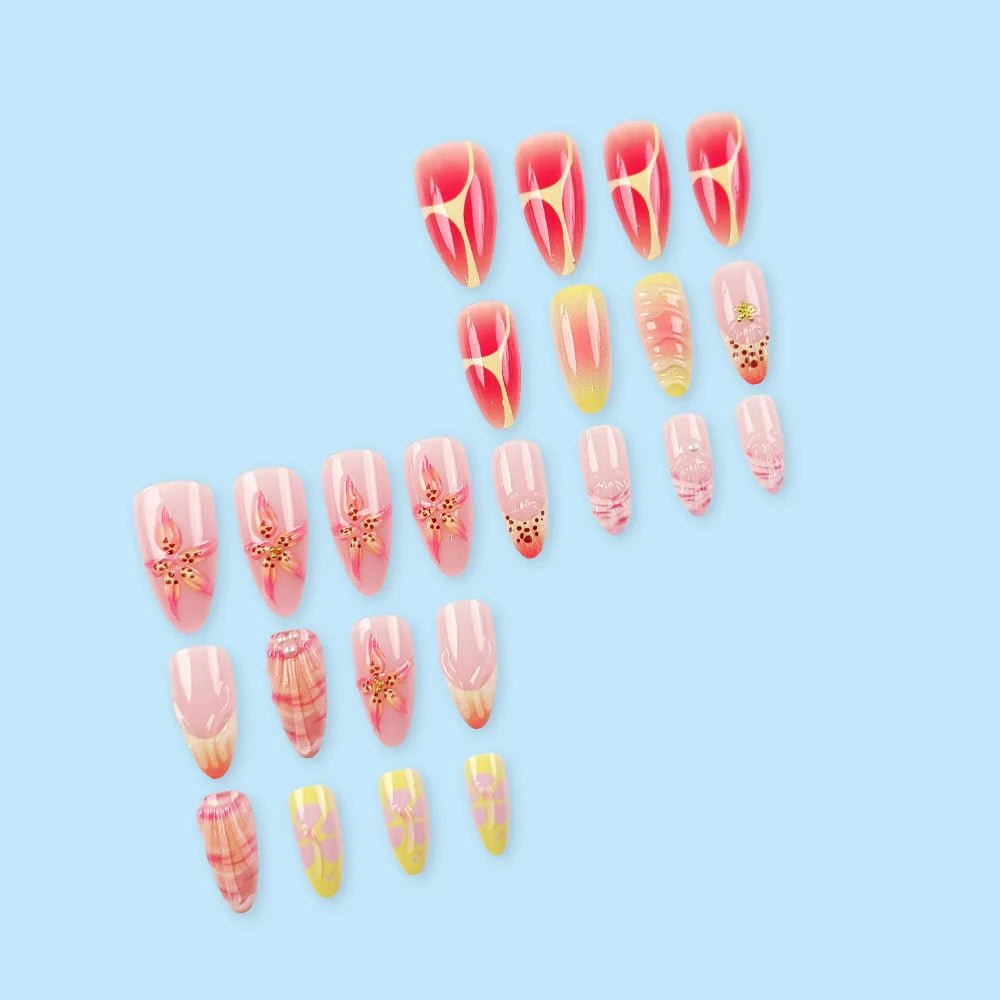 24pcs Summer Almond Press on Nails Ins Simple Flower Shell Decor French False Nails Wearable Reusable Fake Nails for Women Girl