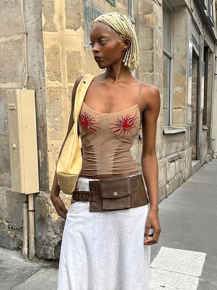 Weird Puss Sun Print Sexy Women Camisole Y2K Summer Fashion Low-Neck Coquette Midnight Party Club Wild Basic Street Slim Tees