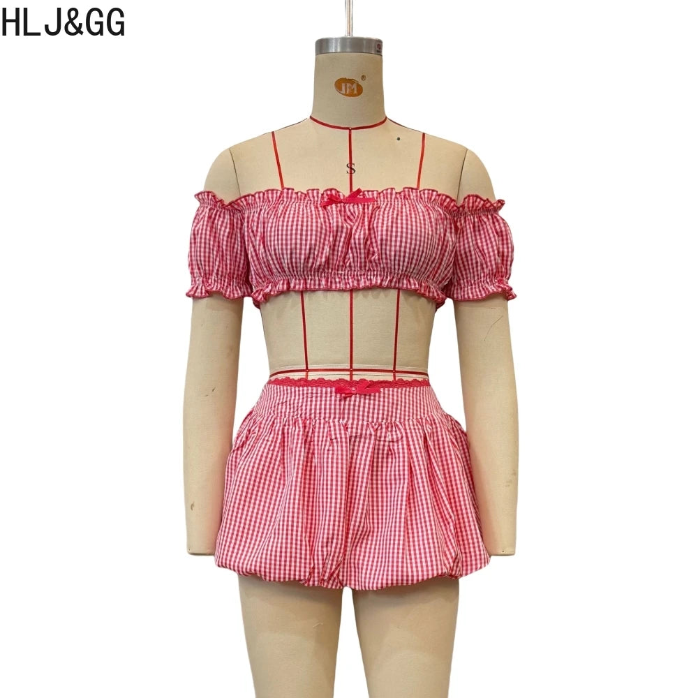 HLJ&GG Red Fashion Plaid Print Bow Two Piece Sets Women Off Shoulder Short Sleeve Crop Top+Mini Skirts Outfits Sweet Streetwear