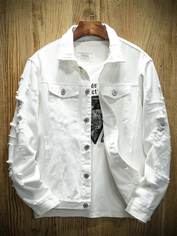 Jackets Men Denim Coats Hole Jacket Casual Loose Single Breasted Turn Down Collar Full Sleeve Simple Autumn Winter Coat