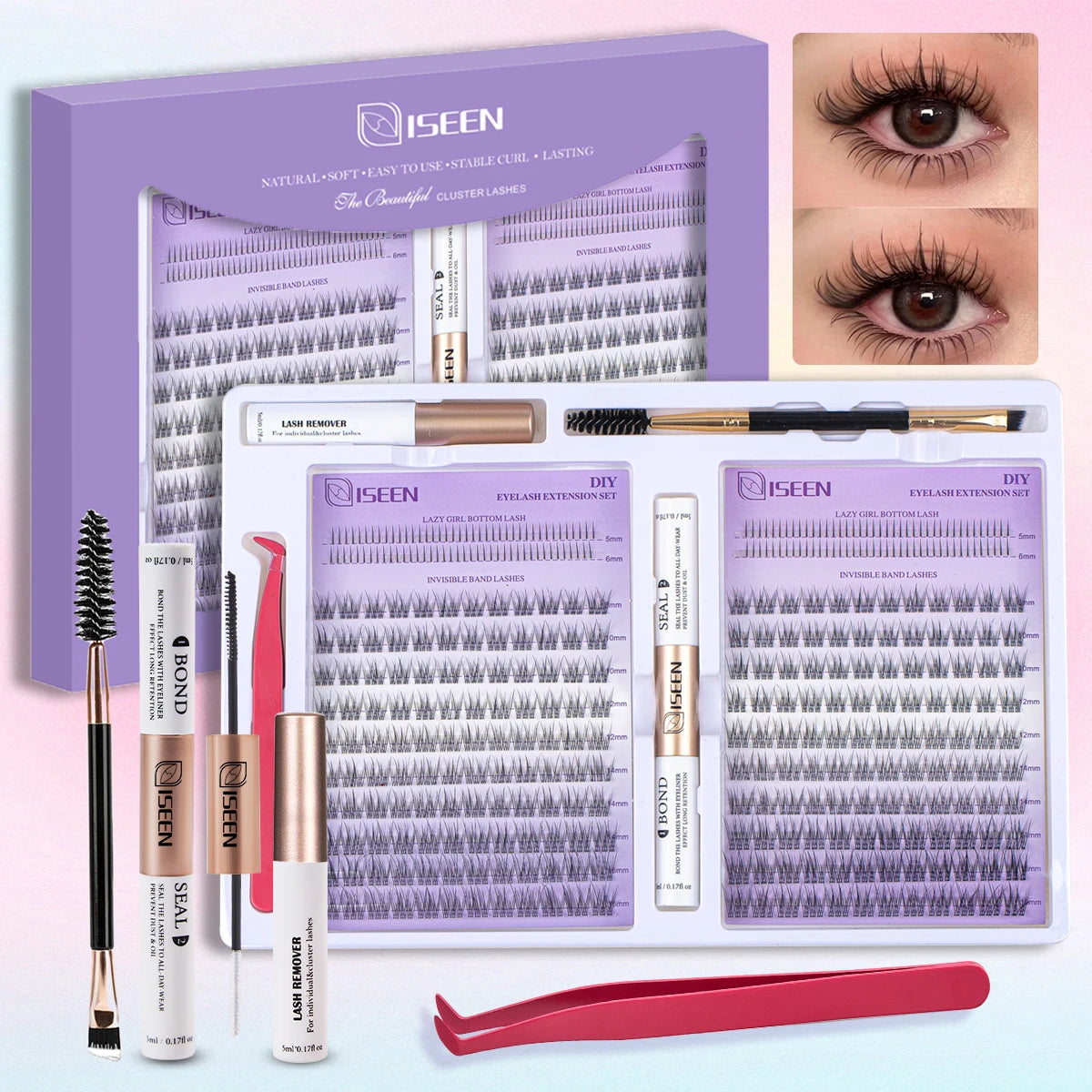 ISEEN DIY Eyelash Extension Kit Cluster Mix Eyelashes Full  Lashes Kit with Lash Bond & Seal and Eyelash Tweezers and Brush