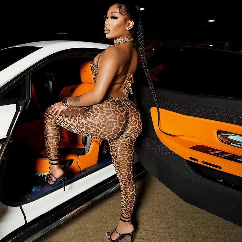 HLJ&GG Sexy Hollow Out Leopard Printing Two Piece Sets Women Halter Bandage Crop Top And Skinny Pants Outfits Fashion Streetwear