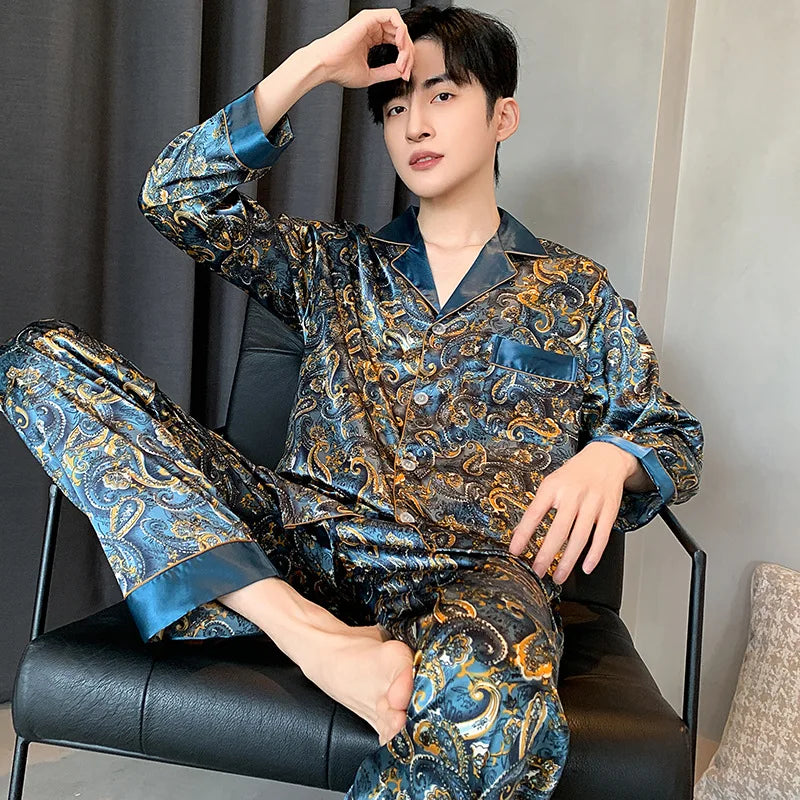 Silk Satin Pajamas for Men Sleepwear Cozy Soft Print Long Sleeve Nightgown Tops + Trousers Two Pieces Mens Pajama Set