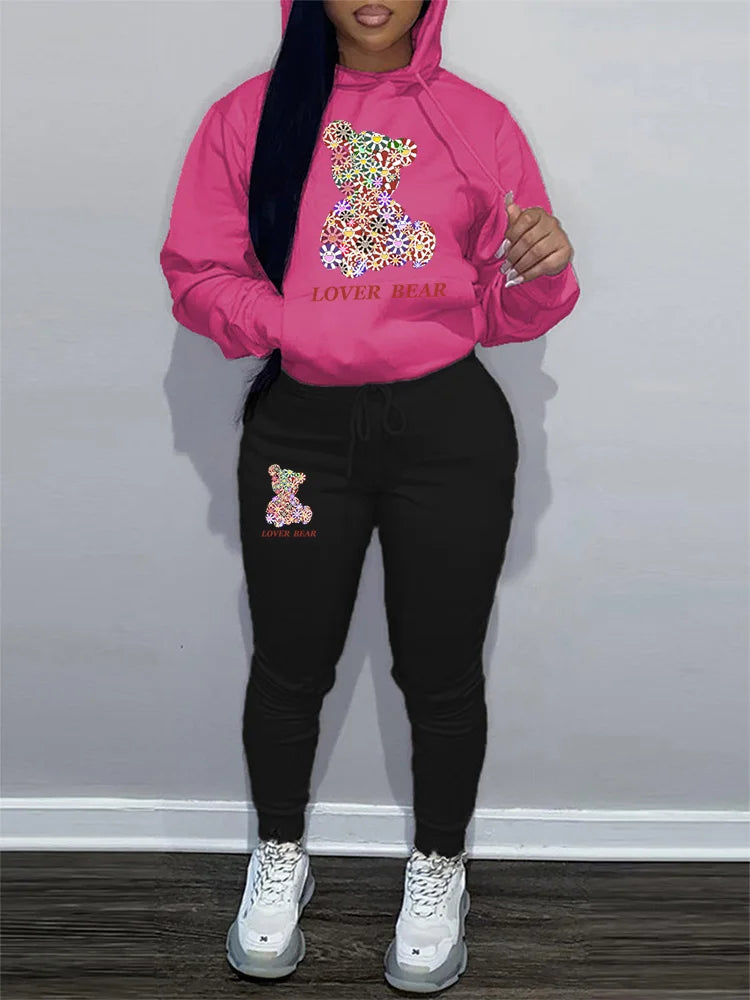 Women's Hoodies Sets Pants Suit 2 Piece Outfits 2025 New Letter Print Bear Aesthetics Sweatshirt and Sweatpants Womens Tracksuit
