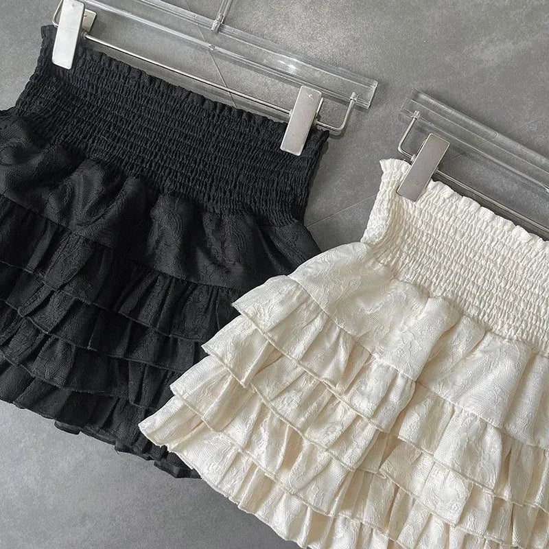 Streetwear Ruffles Mini Skirts Women Sweet Kawaii High Waist Lace A Line Skirt Summer Korean Fashion Black Ball Gown Skirts