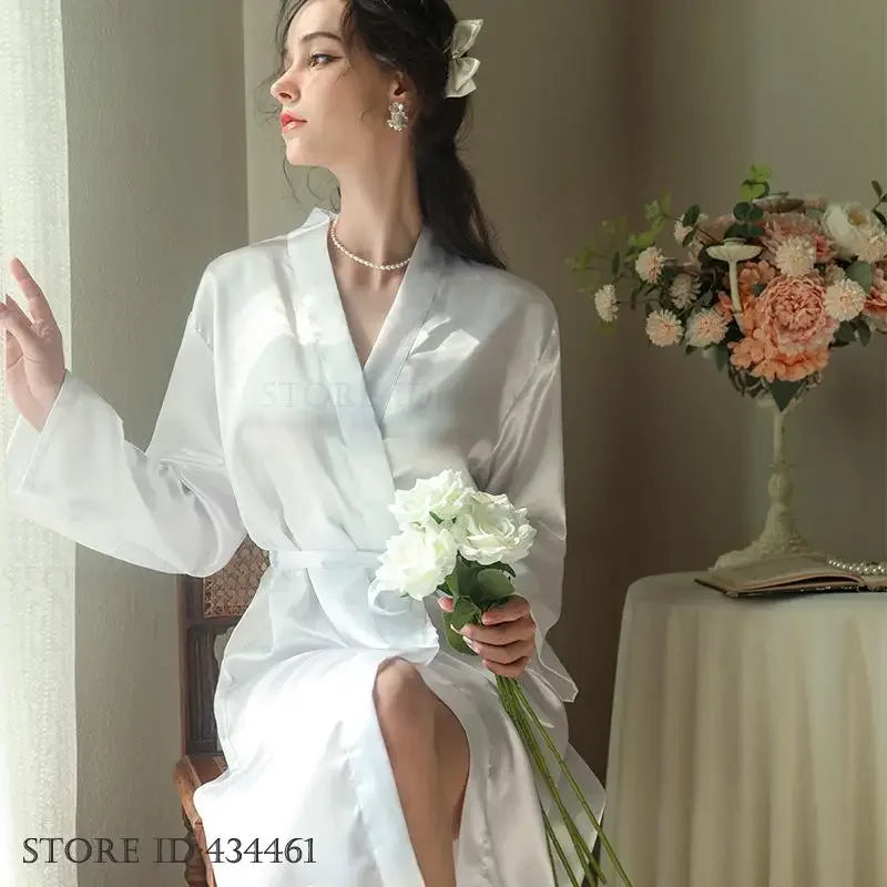 White Silk Satin Bride Bridesmaid Wedding Robe Dress Women's Sleepwear Long Kimono Bathrobe Gown Sexy Loose Home Wear Loungewear