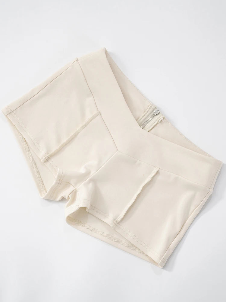 Weird Puss Lines Patchwork 2 Piece Set Women Zipper Cardigan Irregular Crop Top+Skinny Peach Hip Shorts Simple Sporty Streetweas