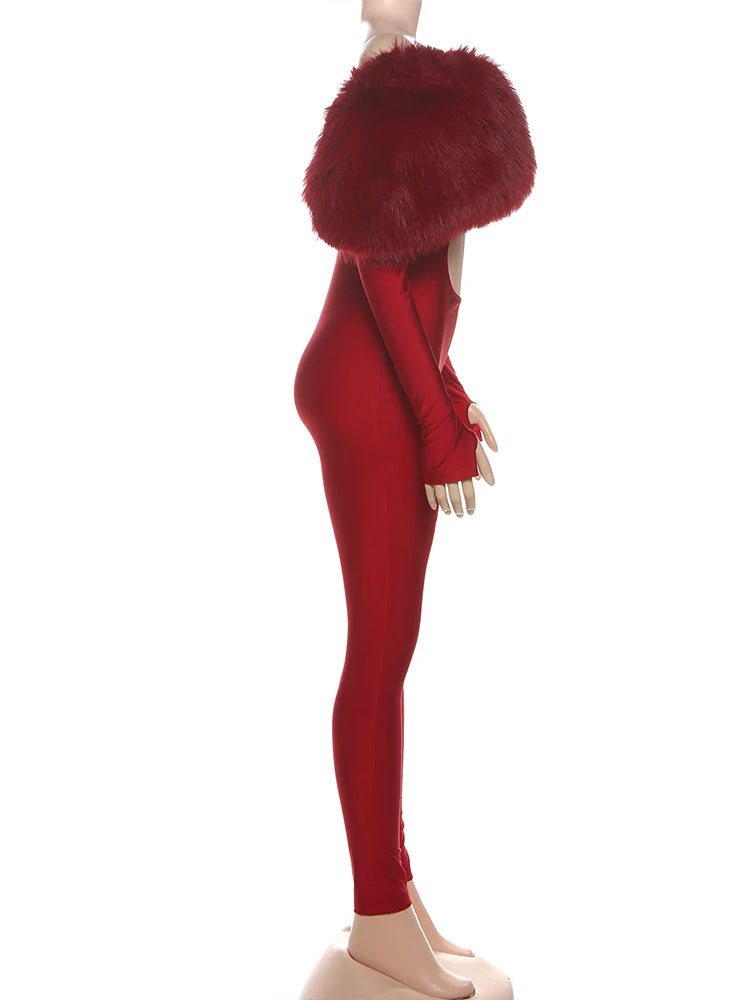 Furry Slash Neck Hollow Patchwork Jumpsuit — Women's Luxury