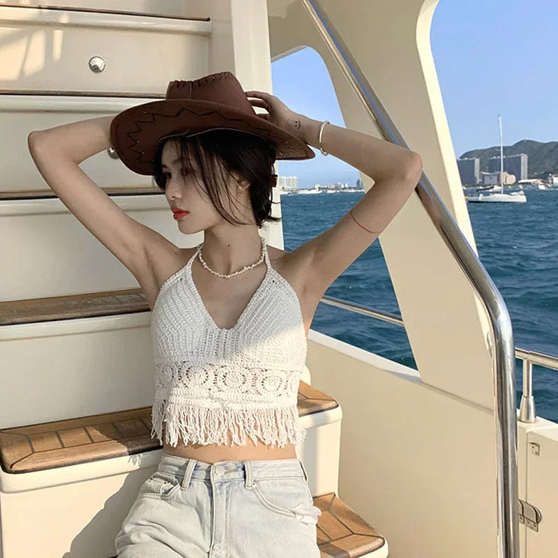 Sexy Boho Beach Holiday Camisole Halter Women Crochet Knit Swimsuit Bra Backless Vest Hollow Tassel Tank Top Women's Crop Tops