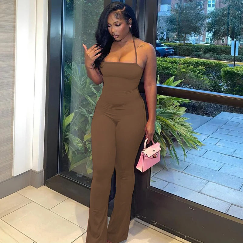Hugcitar 2025 Spring Halter Solid Sleeveless Backless Sexy Bodycon Flare Pants Jumpsuit Women Casual Rompers Streetwear Festival