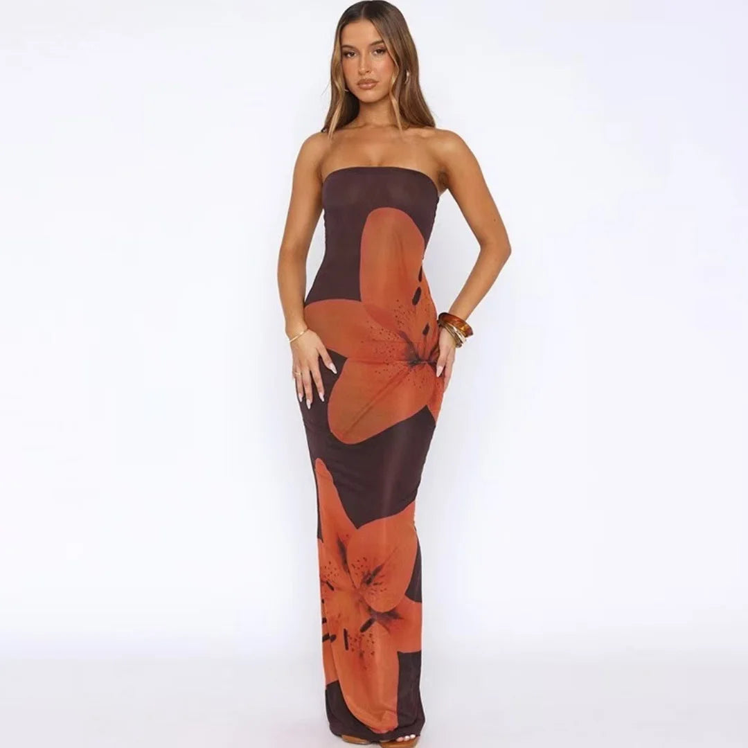 Women's Floral Print Backless Strapless Long Dress Summer Party Holiday Vacation Beach Streetwear Fashion Sleeveless Long Dress