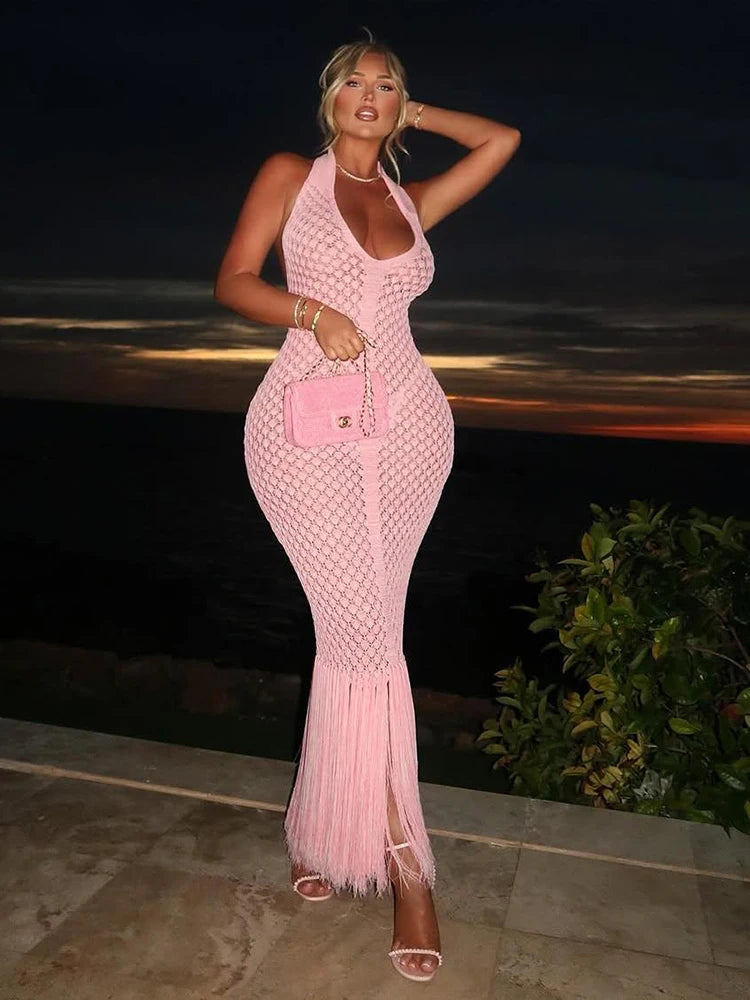 Wired Puss Backless Halter Dress Women Sexy Summer Deep V-Neck Hollow Tassel Solid Patchwork Slim Midnight Party Club Vestidos