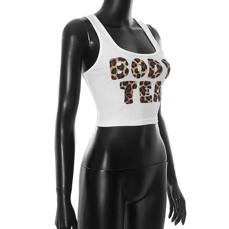 HLJ&GG Y2K Summer New Letter Tank Top Two Piece Sets Women Round Neck Sleeveless Vest + Sequin Leopard Shorts Outfits Streetwear