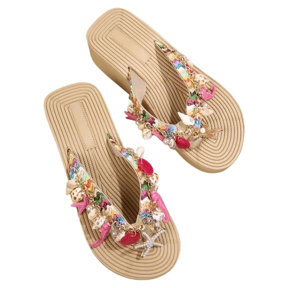Creative Seahorse Bohemian Starfish Flip Flops Starfish Conch Women Shell Slippers Ocean Beach Pearl Girl Summer Sandal Lady