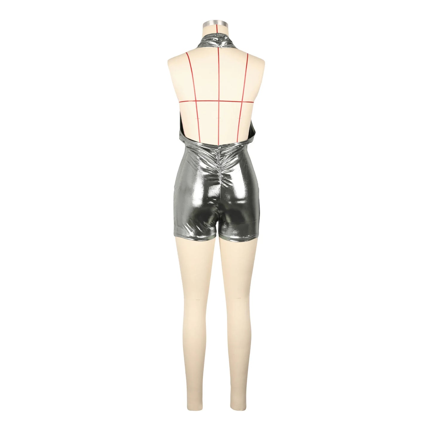 FAGADOER Halter Sexy One Piece Rompers Women Shiny Metallic Deep V-neck Backless Sleeveless Bodycon Overalls Hot Girl Clubwear