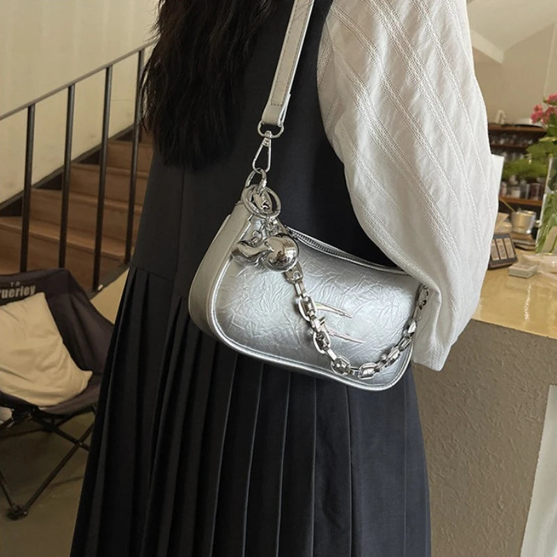 Chic Textured Casual Tote Bag with Silver Chain Detail Underarm Bag Detachable Charm Trendy Mini Shoulder Purse for Women Daily