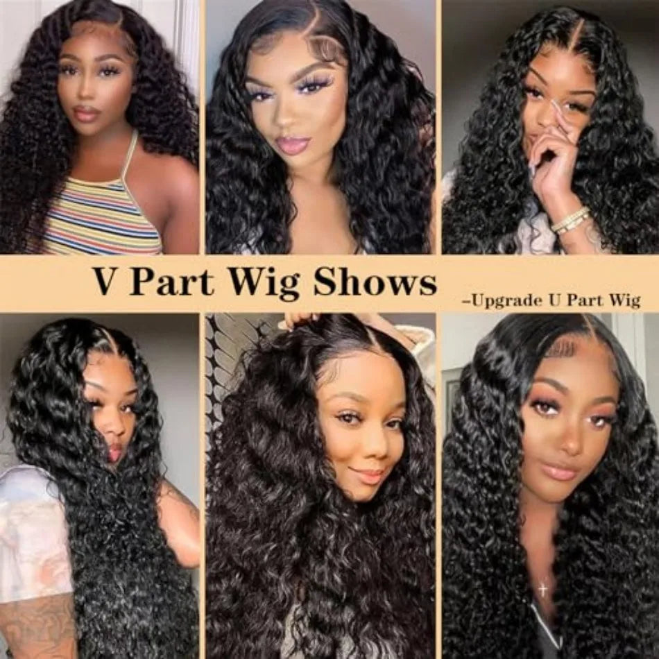 30 Inch Curly V Part Wig Human Hair Brazilian Virgin Human Hair Wig  Upgrade U Part Wig Glueless V Shape Wig Natural Black Color
