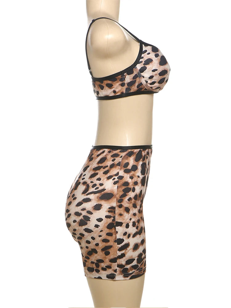Weird Puss Tracksuit Women 2Piece Set Leopard Print Sexy Sporty Low-Neck Tank Tops+Bike Shorts Stretch Tight Matching Streetwear
