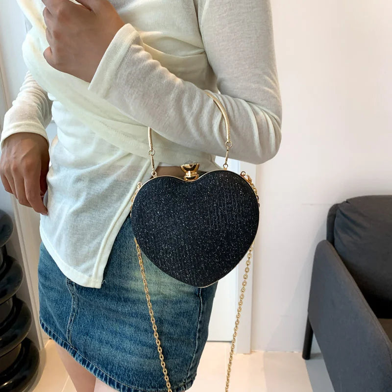 Evening Clutch Bag For Women Shiny Heart Shape Metal Clutch Chain Shoulder Purse