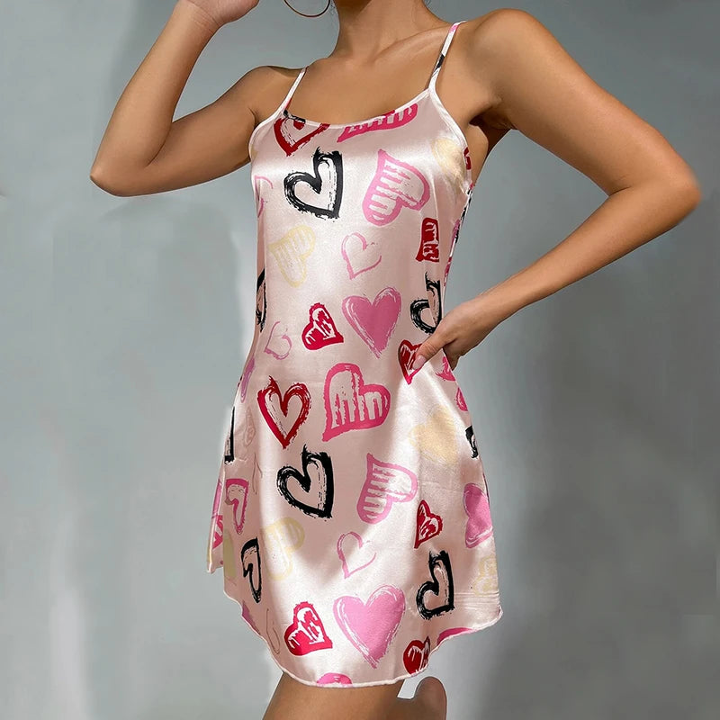 Sexy Pajamas Women's Silk Thin Suspender Nightdress Pink Nightgown Nightwear For Woman Home Clothes Sleepwear Ladies Mini Dress