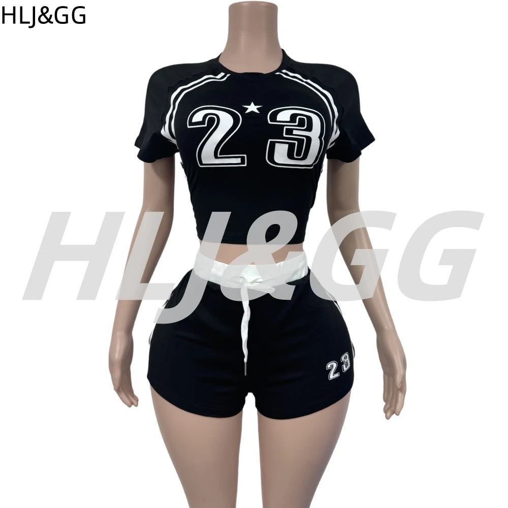 HLJ&GG Summer New Letter Print Drawstring Shorts Two Piece Sets Women Round Neck Short Sleeve Slim Crop Top And Shorts Outfits