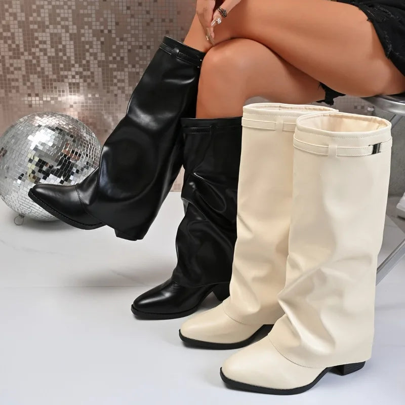 Women's Shoes New Pointed Toe Straight Glossy Medium Long Boots Large Size Chunky Heel Boots Women's Boots