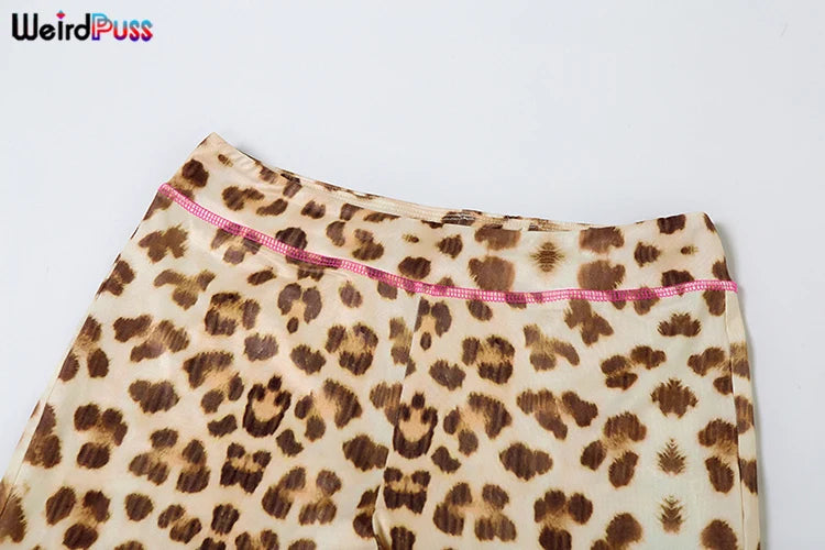 Weird Puss Leopard Letter Print 2 Piece Set Women Tracksuit Sporty Casual Hooded Crop Jacket+Flare Pants Stretch Matching Suits