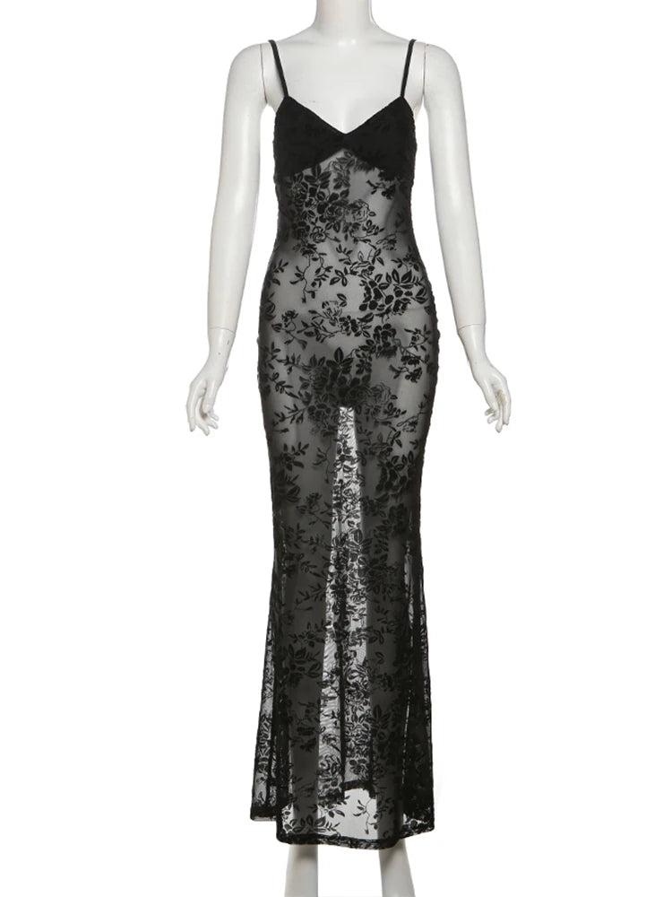 Weird Puss See Through Dress Women Backless Hollow Flower Print Patchwork Solid Sleeveless Sexy Midnight Clubwear Party Vestidos