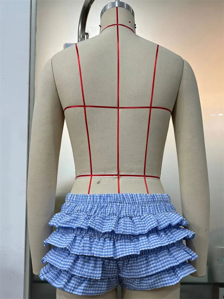 Weird Puss Y2K Tierred Shorts Women Summer Low-waist Plaid Sweet Cake Style Skinny Culotes Street Hottie Trend Party Clubwear