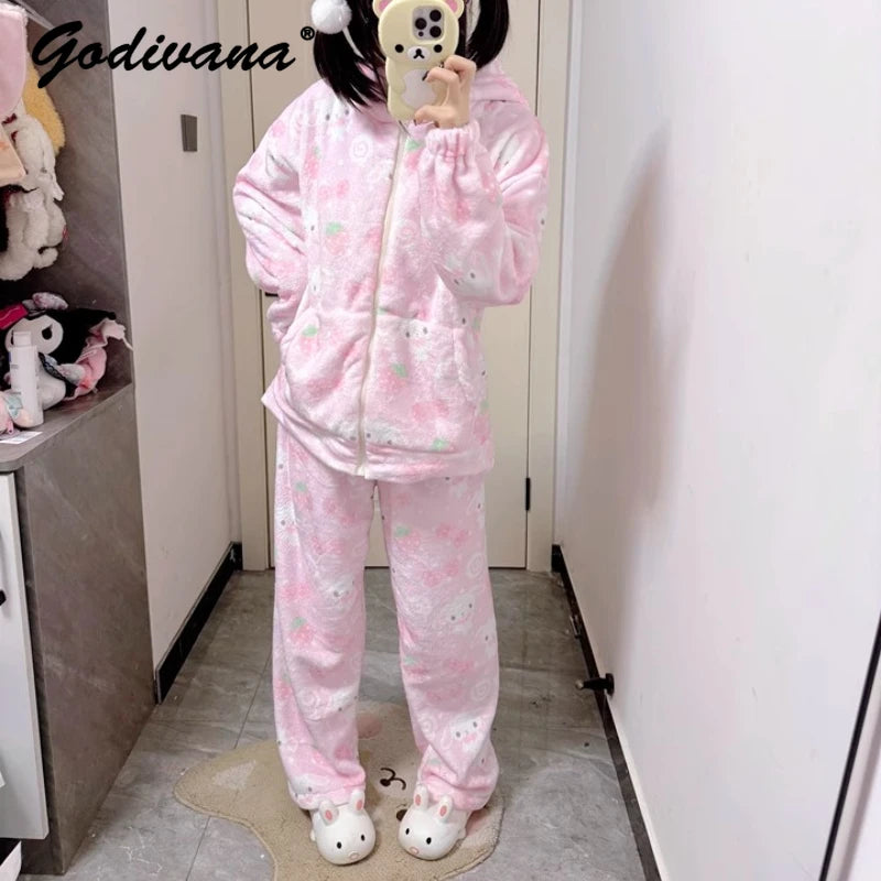 Japanese New Winter Sweet Cute Cartoon Rabbit Flannel Pajamas Set Daughter Girls Pink Thickened Loungewear Women's Sleepwear