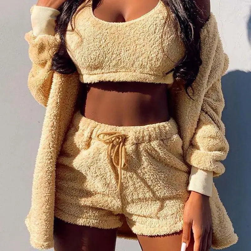 Fluffy Pajamas Set for Women Casual Sleepwear Tank Top and Shorts Plus Size Hoodie Leisure Homsuit Winter Teddy 3 Pieces Pijamas