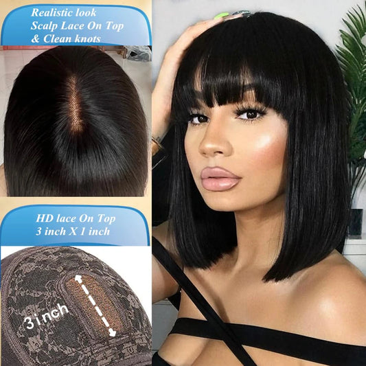 Wiggogo 3X1 Middle Part Lace Wig Bone Straight Human Hair Wig With Bangs Full Machine Made Straight Human Hair Wigs For Women