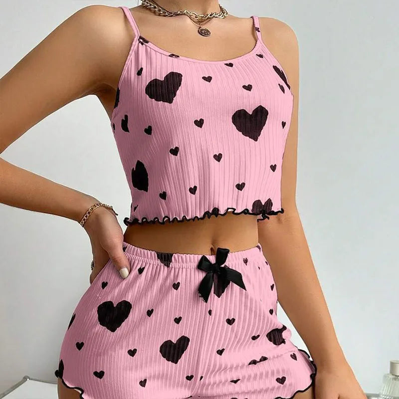Cherry Temptation Home Love Print Flowing-Sleeve Short Pants for Casual Wearing, Women's Sleepwear Set