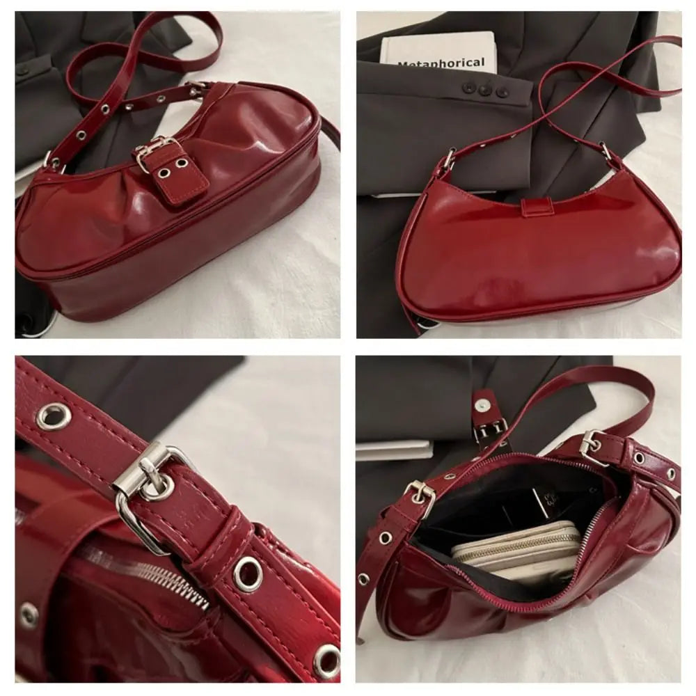 Retro Designer Buckle Armpit Bag Pu Leather Gothic Y2k Shoulder Bag Vintage Cross Body Spicy Girl Handbag Female