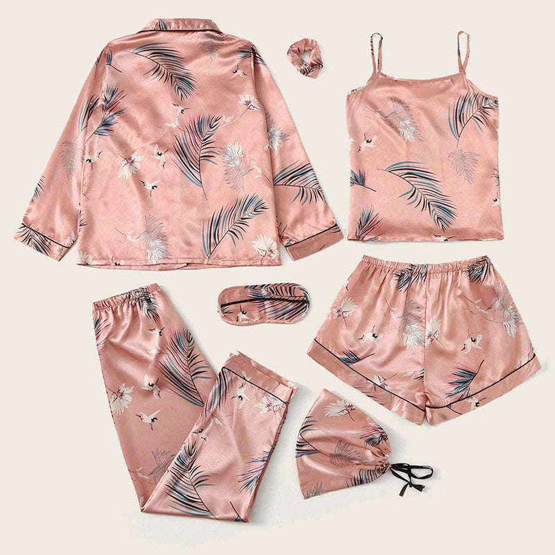 Women's Pajamas Set 7 Pieces Satin Sleepwear Pijama Silk Nightgown Suit Summer Women Home Clothing Printing Sleep Pyjama Femme