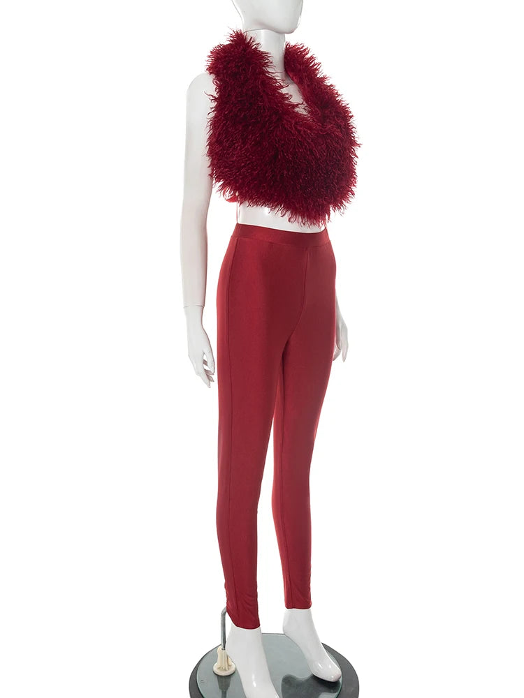 Weird Puss Sexy Fashion 2 Piece Set Women Plush Patchwork Halter Backless Camisole+Solid Skinny Pants Hottie Hipster Clubwear