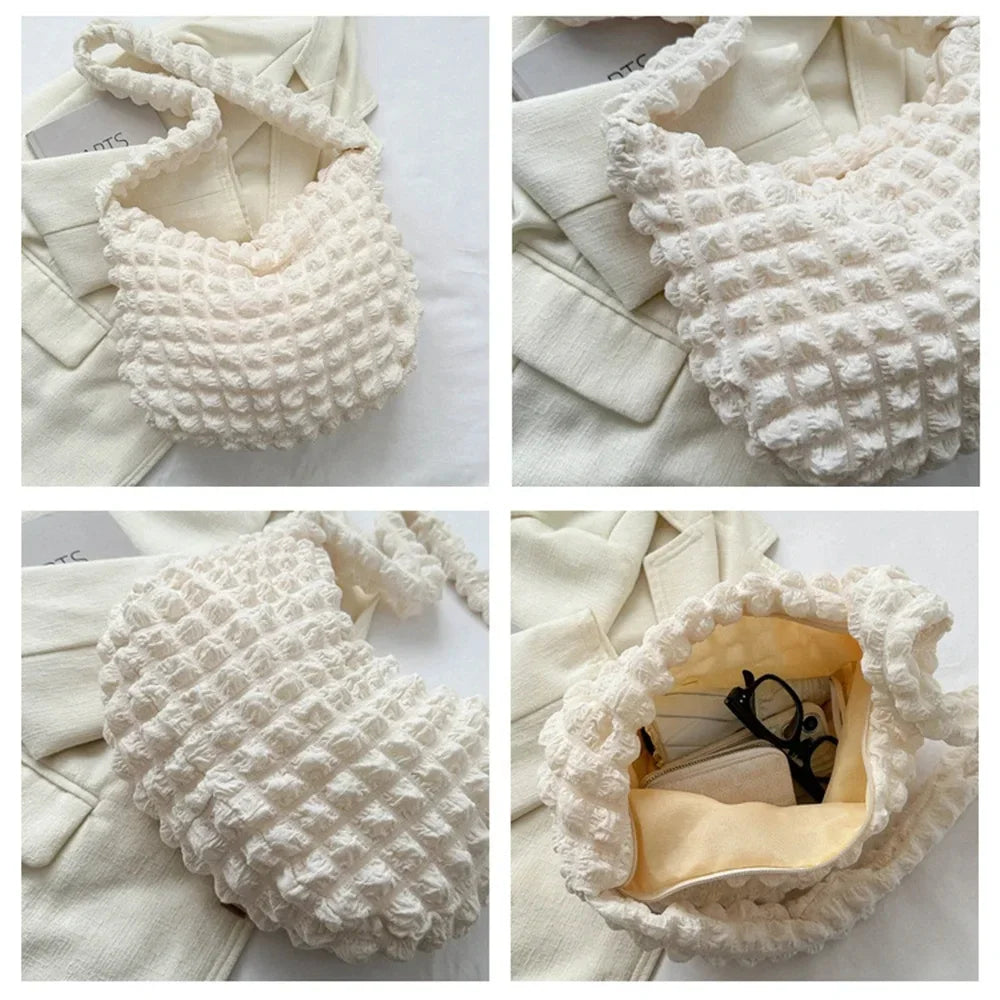 Pleated Embroidered Plaid Shoulder Bag – Crossbody & Underarm Bag, Stylish Large Capacity Quilted Tote for Women