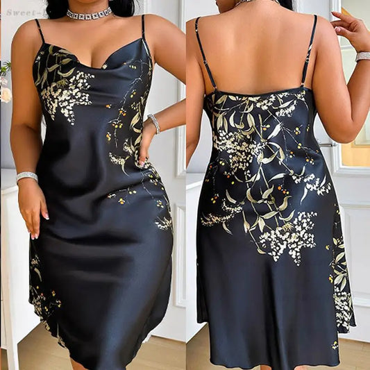 Plus Size 3XL 4XL 5XL Chemise Nightgown Summer New Female Satin Sleepwear Sexy Print Flower Strap Nightdress Homewear Negligee