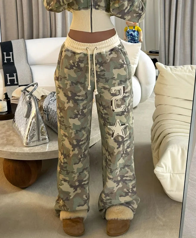 Zipper hoodie Camouflage sweatpants 2-piece set Y2K Women's clothing Goth Alphabet embroidered pullover Sweatshirt casual pants