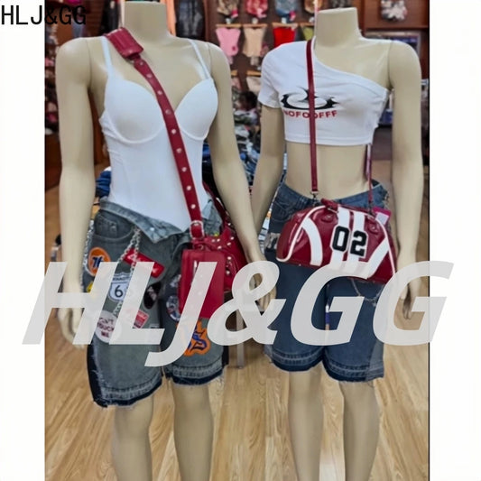 HLJ&GG Blue Retro Fashion jeans Two Piece Sets Women One Shoulder Short Sleeve Crop Top+Jeans Shorts Outfits Fashion Streetwear
