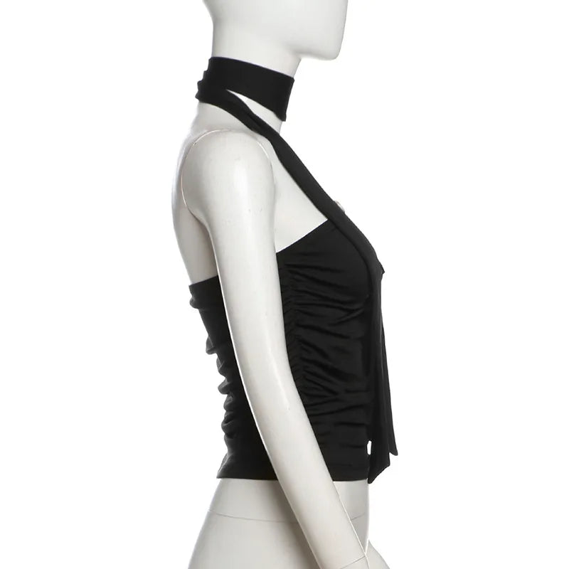 Nsauye Summer Women Casual Mini Skinny Black Y2K Fashion Ribbon Halter Crop Tops Sleeveless Sexy Club Strapless Tank Tops 2025