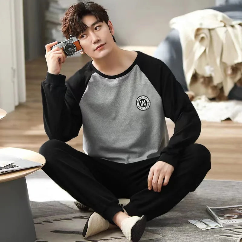 Pajamas Men Long Sleeves and Trousers Spring and Autumn Style Simple and Breathable Nightwear Student Youth Loungewear Sleepwear