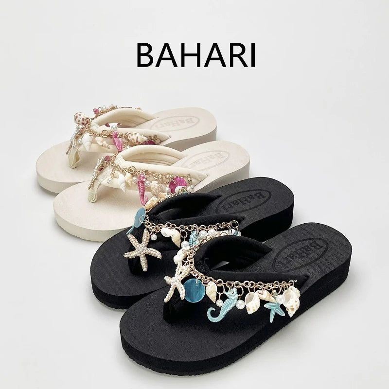 Women's Summer Bohemian Seaside Vacation Slippers Outside Pinch Beach Shoes Fashion Platform Slippers Flip-flops