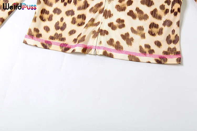 Weird Puss Leopard Contrast Letter Print 2 Piece Set Women Hooded Full Sleeve Crop Jacket+Skinny Stretch Flare Pants Trend Suits