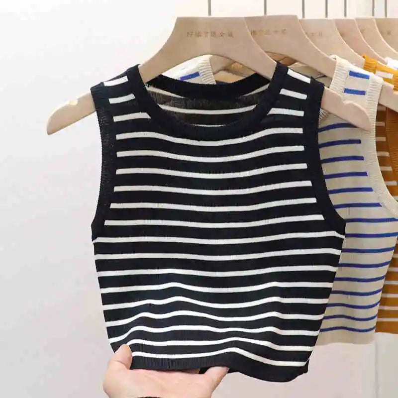 2026 Spring Summer New Sleeveless Ice Silk Knit Tank Top Striped O-Neck Women's Camisole Slim Fit Versatile Sexy Crop Tops